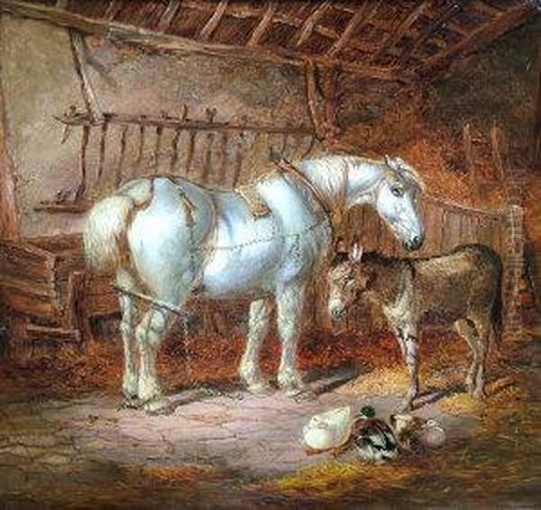 Horse And Donkey And Ducks In A Stable; Oil On Canvas Oil Painting by John Frederick Herring Snr