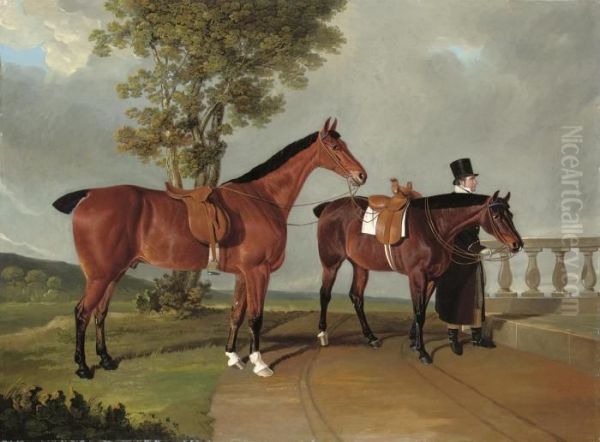 Favourite Hunters, The Property 
Of Lawrence Parsons, 2nd Earl Ofrosse (1758-1841), At Doncaster, 
Yorkshire Oil Painting by John Frederick Herring Snr