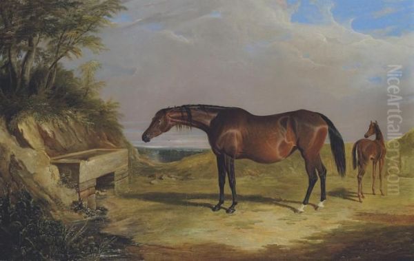 A Mare And Foal In A Park, Probably Oil Painting by John Frederick Herring Snr