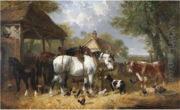 Shire Horses, Pigs And Other Livestock By A Stable With A Cottage And Church Beyond Oil Painting by John Frederick Herring Snr