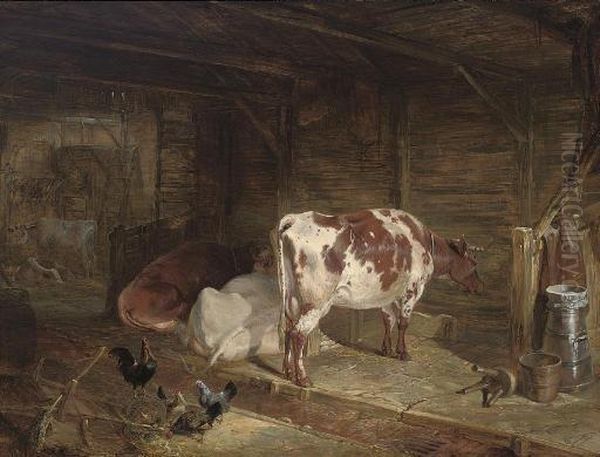 Cattle And Chickens In A Barn Oil Painting by John Frederick Herring Snr