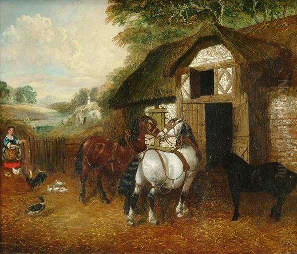 A Farmyardscene With Horses And Poultry Oil Painting by John Frederick Herring Snr