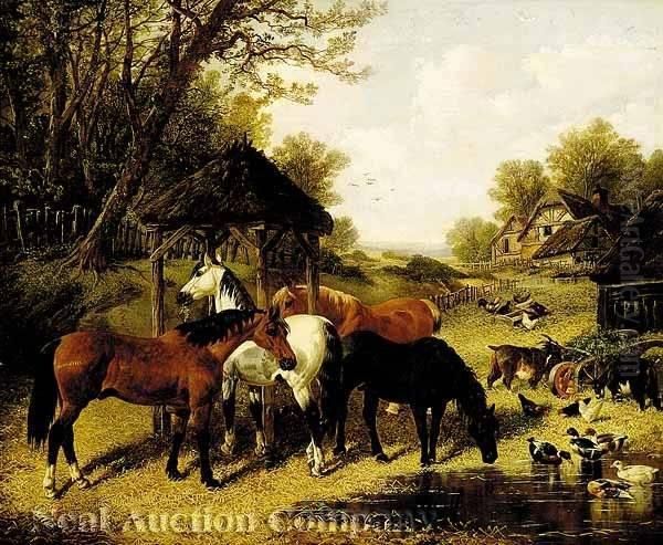 Horses Ina Barnyard Oil Painting by John Frederick Herring Snr