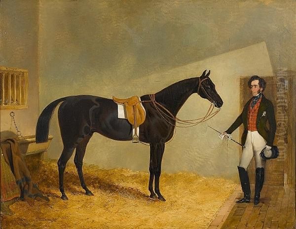 A Gentleman With His Hunter Miller, In A Stable Oil Painting by John Frederick Herring Snr