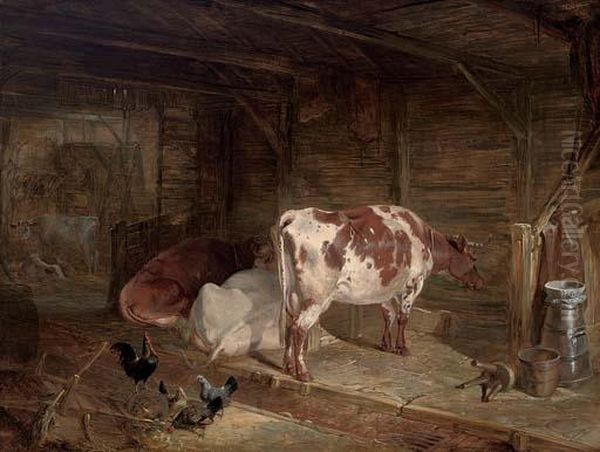 Cattle And Chickens In A Barn Oil Painting by John Frederick Herring Snr