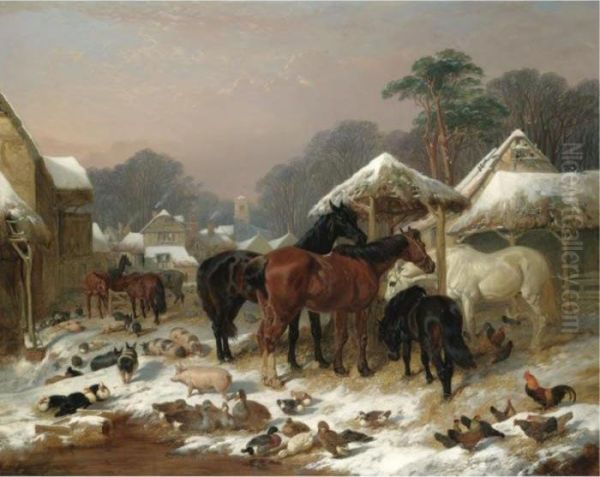 The Farmyard In Winter Oil Painting by John Frederick Herring Snr