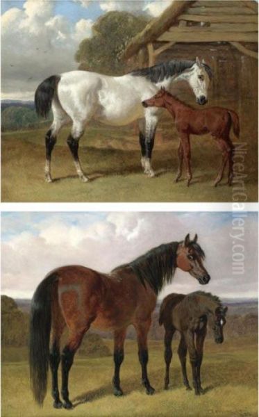 A Mare And Foal Beside A Stable; A Mare And Foal In A Landscape Oil Painting by John Frederick Herring Snr