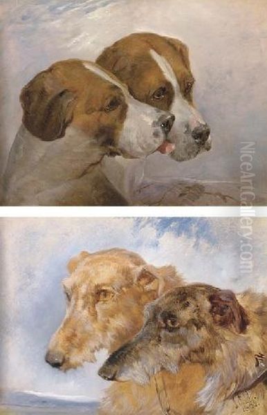 The Heads Of Two Foxhounds; And The Heads Of Two Deerhounds Oil Painting by John Frederick Herring Snr