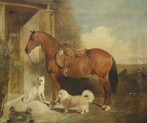 Bay Hunter With Side Saddle And Terriers Standing By A Portal Oil Painting by John Frederick Herring Snr