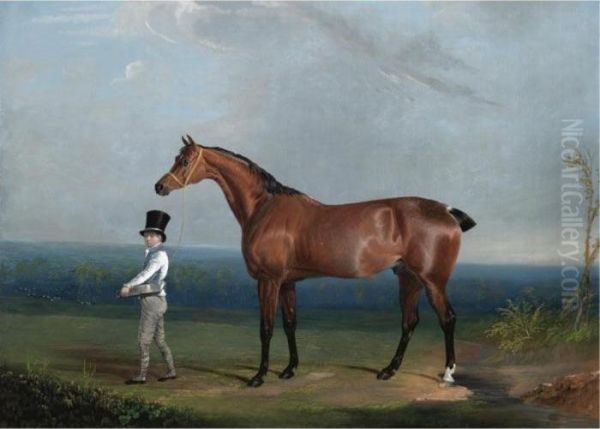 The Favourite Bay Hunter Of 
William Hatfield De Rodes Of Chesterfield Held By A Stable Boy Oil Painting by John Frederick Herring Snr