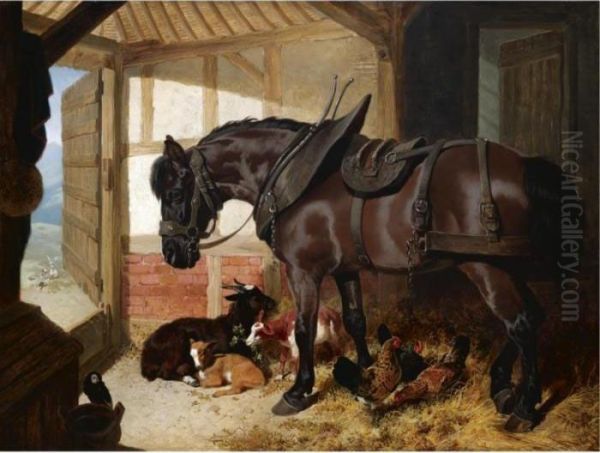 A Bay Carthorse In A Stable With Goats And Chickens Oil Painting by John Frederick Herring Snr