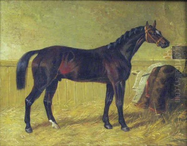 A Bay Hunter In A Stable Oil Painting by John Frederick Herring Snr