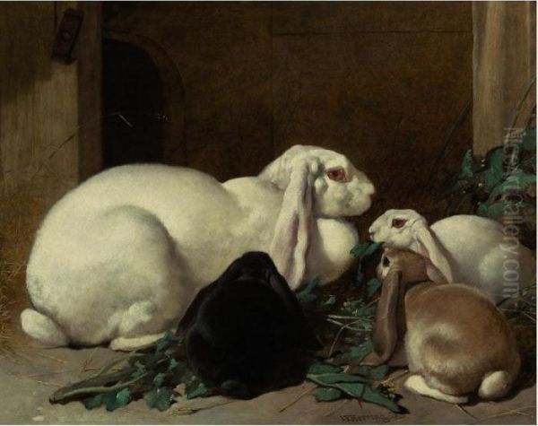 A Lop Eared Doe With Her Litter Oil Painting by John Frederick Herring Snr