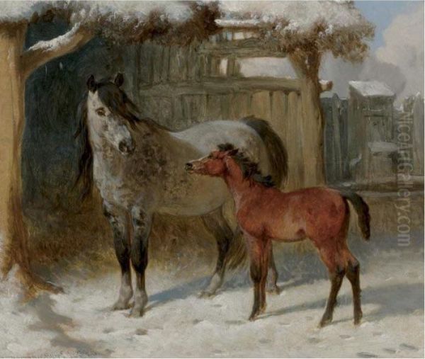 A Mare And Foal In A Farmyard In Winter Oil Painting by John Frederick Herring Snr