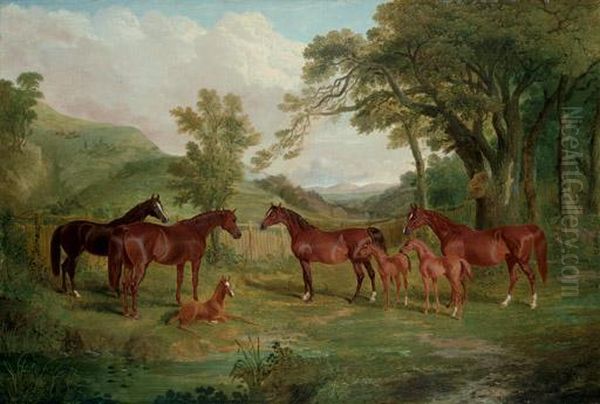 The Streatlam Stud, Mares And Foals Oil Painting by John Frederick Herring Snr