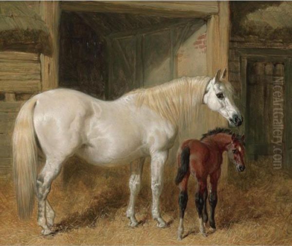 A Grey Mare And Her Foal In A Loose Box Oil Painting by John Frederick Herring Snr