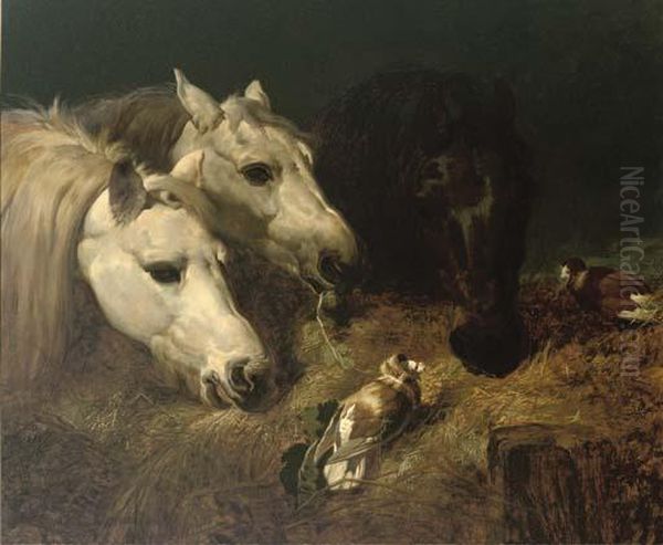 Sharing The Hay Oil Painting by John Frederick Herring Snr