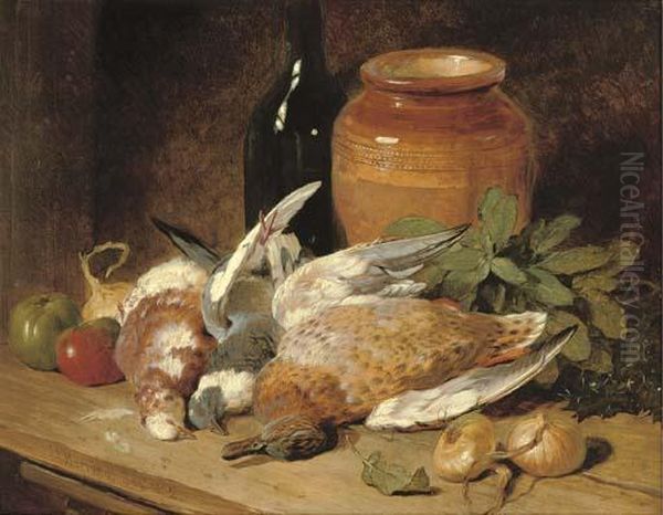 Still Life Of Dead Birds, Fruit, Vegetables, A Bottle And A Jar Oil Painting by John Frederick Herring Snr