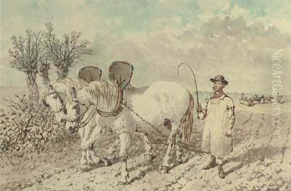 A Labourer With A Ploughing Team Oil Painting by John Frederick Herring Snr