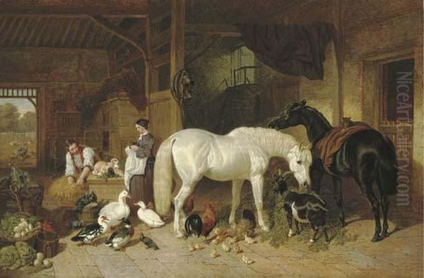 A Barn Interior With Figures And Livestock Oil Painting by John Frederick Herring Snr