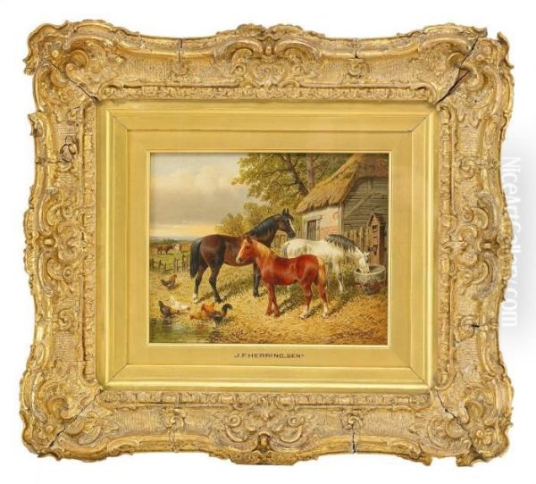 Horses In A Straw Yard Oil Painting by John Frederick Herring Snr