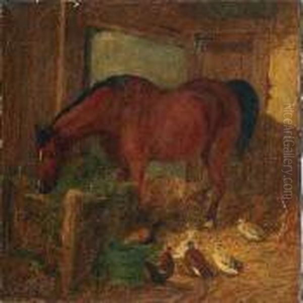 Horse And Ducks In A Barn Oil Painting by John Frederick Herring Snr