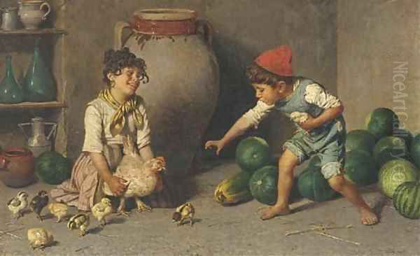 Children playing with a mother hen and her chicks Oil Painting by Federico Mazzotta