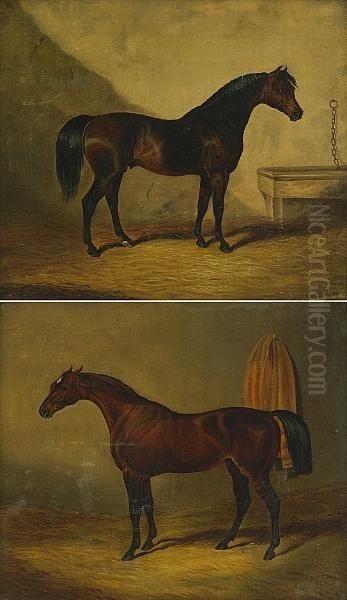 A Bay Stallion In A Stall; Also A Companion Painting (a Pair) Oil Painting by John Frederick Herring Snr