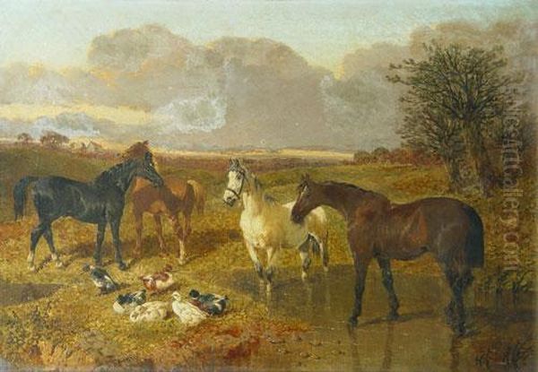 Horses In The Farm Oil Painting by John Frederick Herring Snr