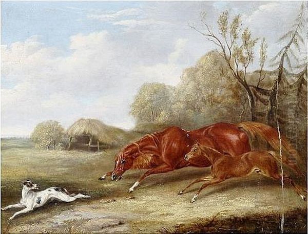 Horse, Foal And Hound In A Landscape Oil Painting by John Frederick Herring Snr