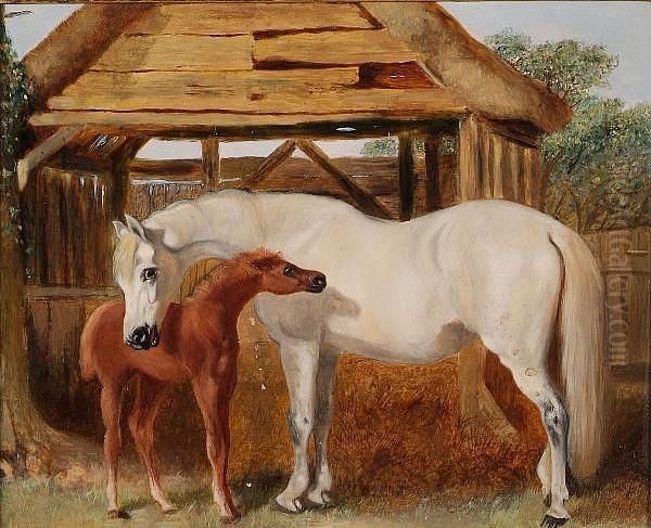 A Grey Mare With A Chestnut Foal Near A Barn Oil Painting by John Frederick Herring Snr