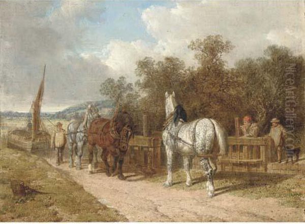 Barge Horses By A Lock Oil Painting by John Frederick Herring Snr