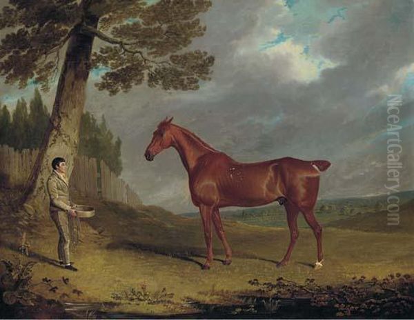 A Chestnut Hunter And A Groom In A Landscape Oil Painting by John Frederick Herring Snr