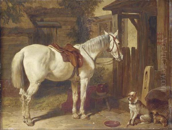 A Saddled Grey Pony And Dogs Outside An Inn Oil Painting by John Frederick Herring Snr