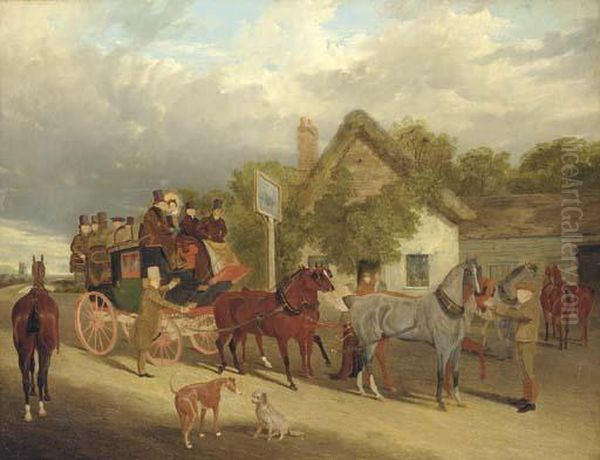 The Royal Mail - Changing Horses Outside The Red Lion Oil Painting by John Frederick Herring Snr