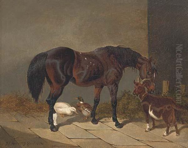 A Bay Horse With A Goat And Ducks Oil Painting by John Frederick Herring Snr