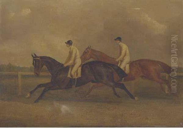 The Celebrated St. Leger, 1840, With Lord Westminster's Launcelotand Maroon Oil Painting by John Frederick Herring Snr