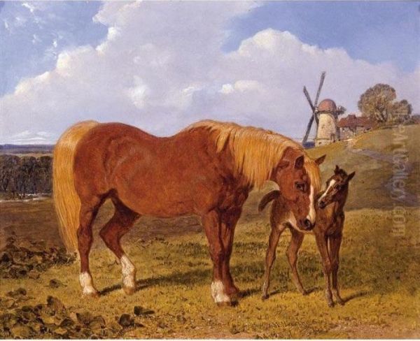 A Chestnut Mare And Foal In A Landscape Oil Painting by John Frederick Herring Snr