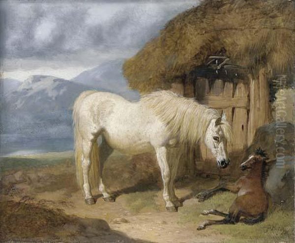 A Mare And Foal By A Bothy Oil Painting by John Frederick Herring Snr