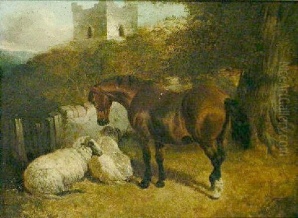 Horse And Sheep With Castle Beyond Oil Painting by John Frederick Herring Snr