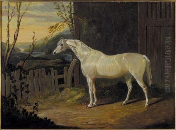 A Grey Arab Mare Outside A Stable In An Extensive River Landscape Oil Painting by John Frederick Herring Snr