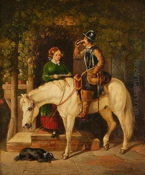 A Messenger On Horseback Taking Refreshment Outside An Inn Oil Painting by John Frederick Herring Snr