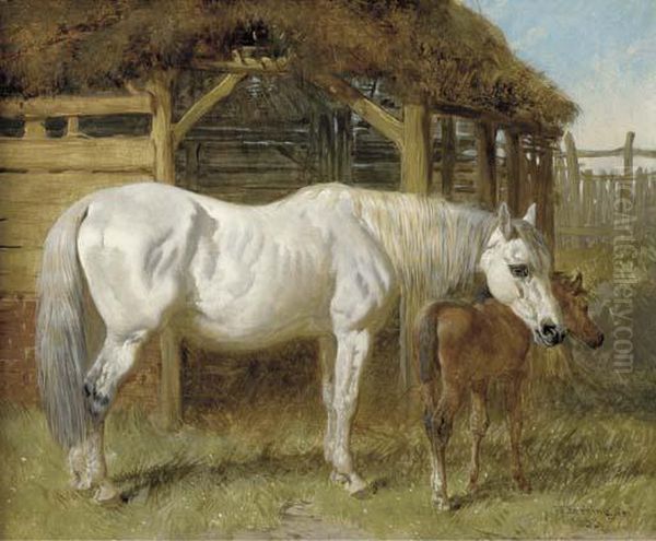 A Grey Mare And Chestnut Foal By A Stable Oil Painting by John Frederick Herring Snr