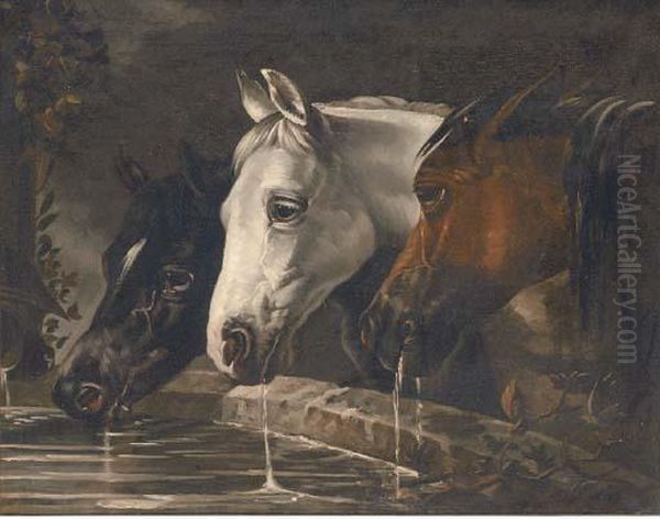 Three Horses At A Water Trough Oil Painting by John Frederick Herring Snr