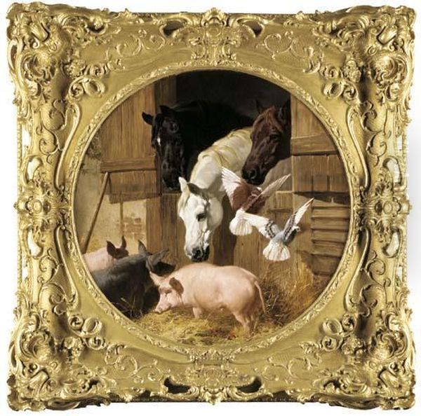 Three Horses At A Stable Door With Pigs And Doves Oil Painting by John Frederick Herring Snr