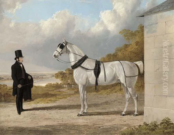 Portrait Of James Hartley With A Grey Carriage Horse, In Anextensive River Landscape Oil Painting by John Frederick Herring Snr