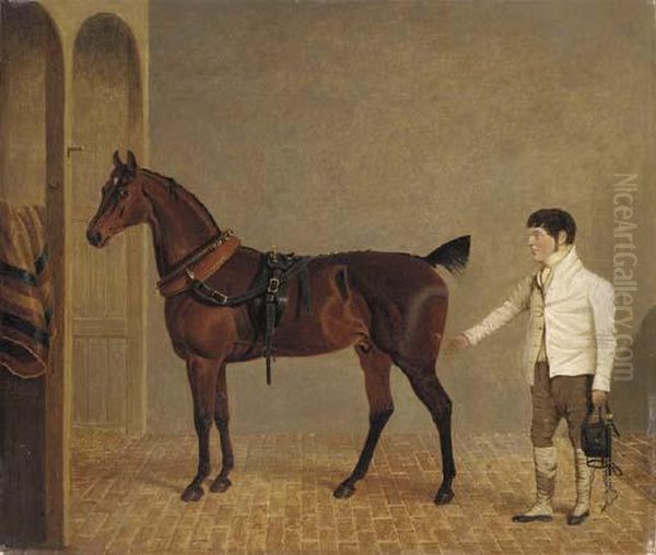 A Carriage Horse And Groom In A Stable by John Frederick Herring Snr