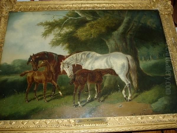 Mares And Foals Oil Painting by John Frederick Herring Snr