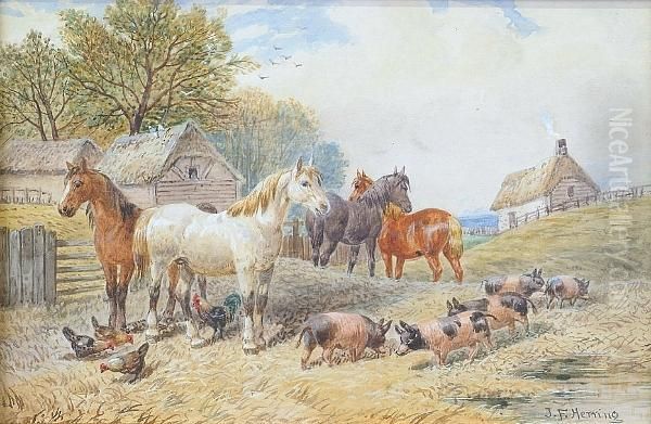 Horses And Pigs In A Farmyard Oil Painting by John Frederick Herring Snr