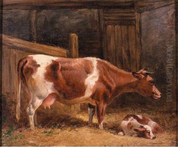 A Cow And Calf In A Stall Oil Painting by John Frederick Herring Snr